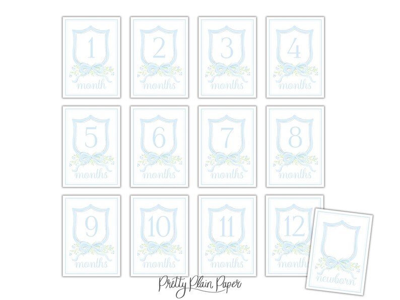 Monthly Milestone Cards | 5x7 | Watercolor Blue Crest & Bow | My First ...