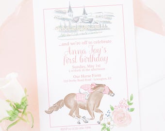 May include: A pink and white first birthday invitation with a watercolor illustration of a horse racing at a track. The invitation says "...and we're off to celebrate Anna Joy's first birthday" and includes the date, time, and location of the party.