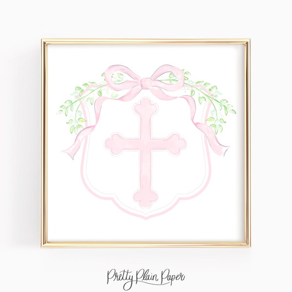 Watercolor Cross Print | 5x5 | Printable | Floral Cross with Bow Crest | Grandmillennial or Traditional Artwork for Baptism | 0128
