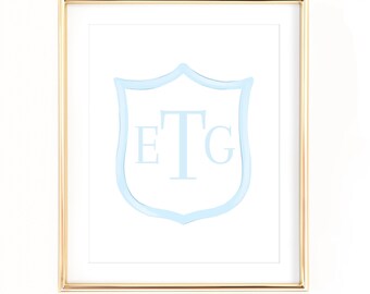 Impressão de brasão com monograma azul claro 11x14, arte com monograma inicial para quarto de bebê ou berço 3006