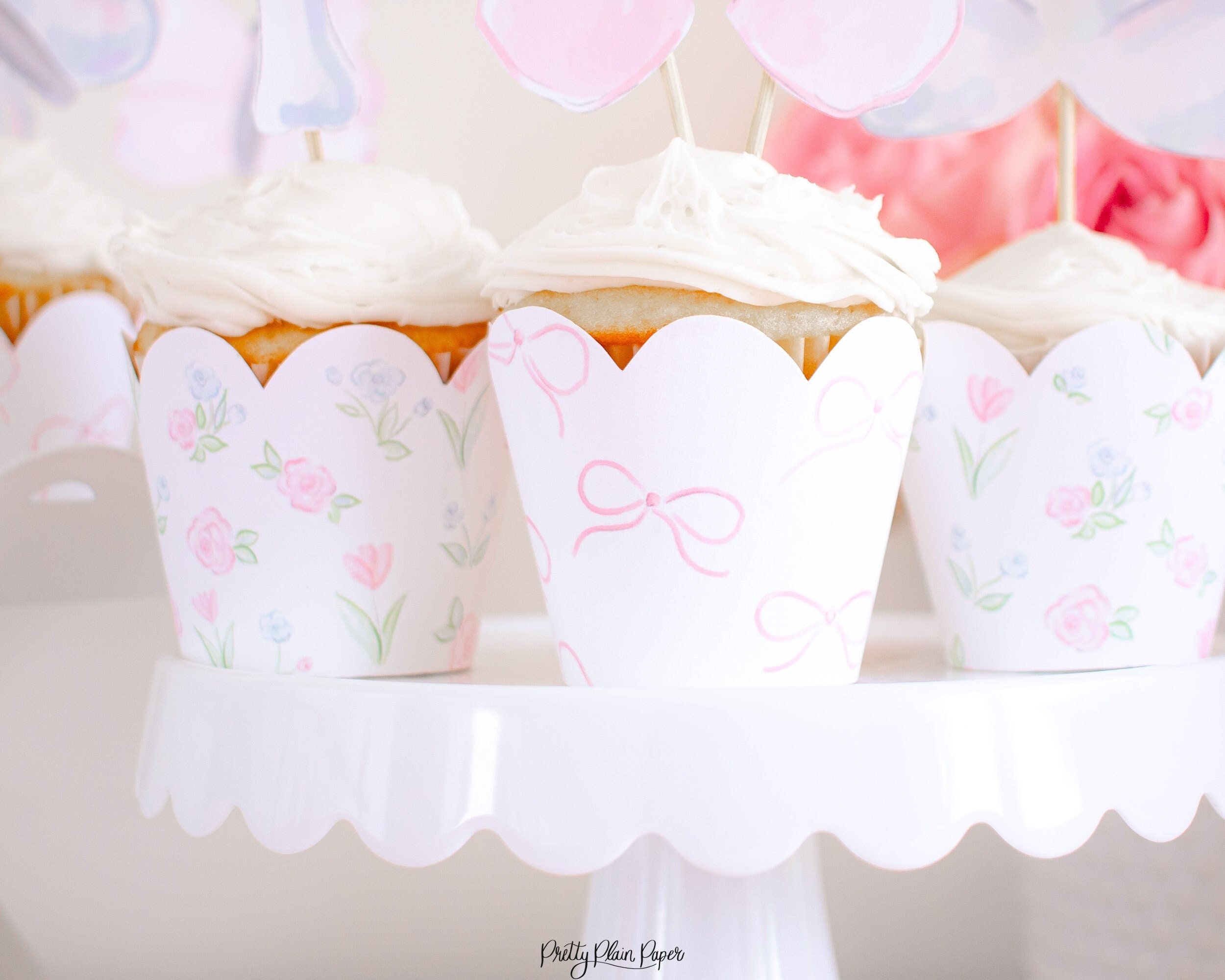 Fairy Party Scallop Cupcake Wrappers Printable Download Watercolor Pink Bows Pink Blue Floral Pattern Fairies Birthday 5008
