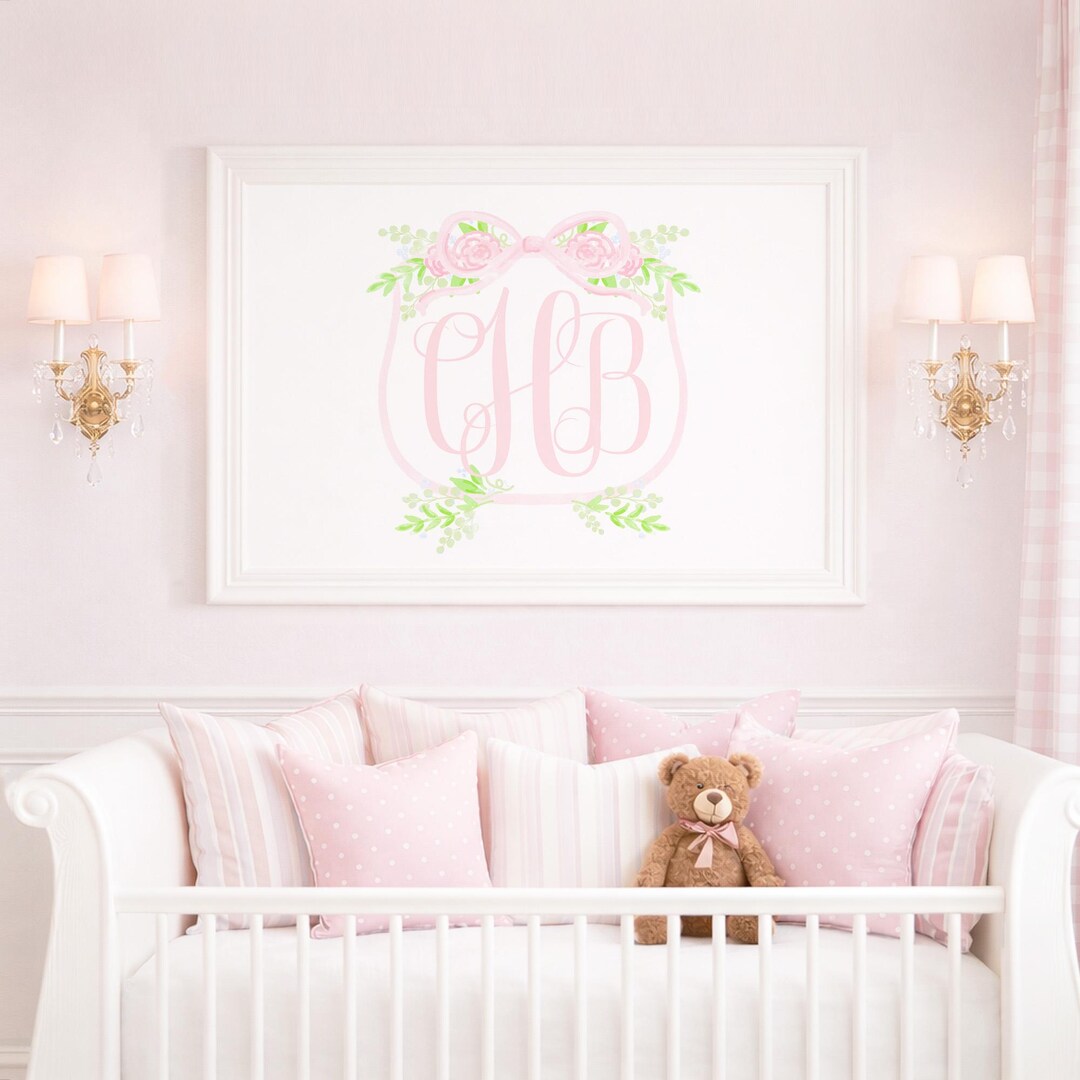 Watercolor Pink Floral Monogram Crest Artwork; 24x36 Printable Digital ...
