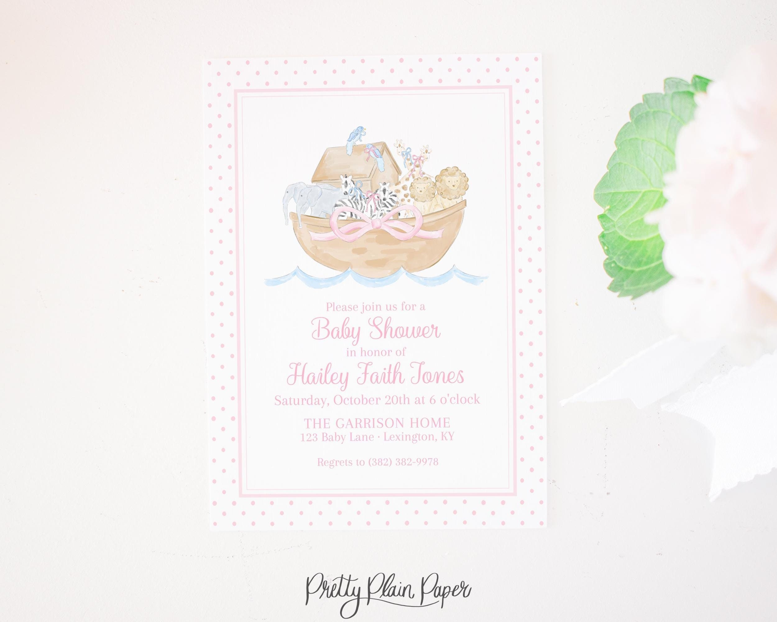 Invitation | 5x7 | Watercolor Noah's Ark | Two by Two 2nd Birthday Invitation | Pink Bitty Dot Polka Dot | Baby Shower | 1st 2nd Party 5033