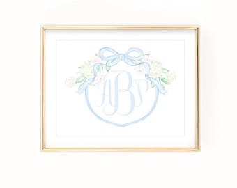 11X14 Horizontal Hydrangea & Magnolia Monogram Crest Name Art with Watercolor Blue Bow, Printable Digital Download for Girl Nursery 0109