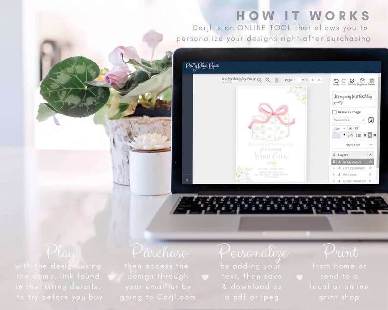 May include: A laptop screen displaying a digital design template for a birthday invitation. The template features a pink and yellow gift box with a white bow and the text "It's My Birthday Party". The text "Win Eden" is also included on the template. The screen shows a Corjl interface with options to personalize the design.