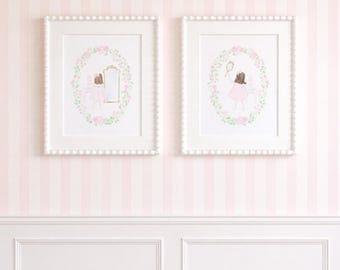 Set of 2 Prints for Little Girl Room or Nursery w/ Watercolor Florals & Playing Dress-up; 8x10 or 16x20 Printable Digital Download 5017