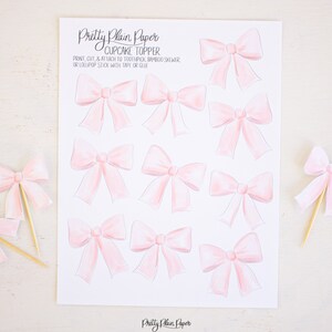 Watercolor Pink Bow Cupcake Toppers Printable Download - Etsy