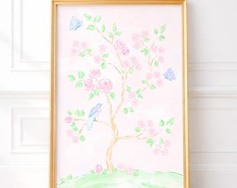 Pink Chinoiserie Floral Tree 24x36 Art Print with Birds & Butterflies (Digital Download) Grandmillennial Artwork Girl Nursery Room 5017 5040