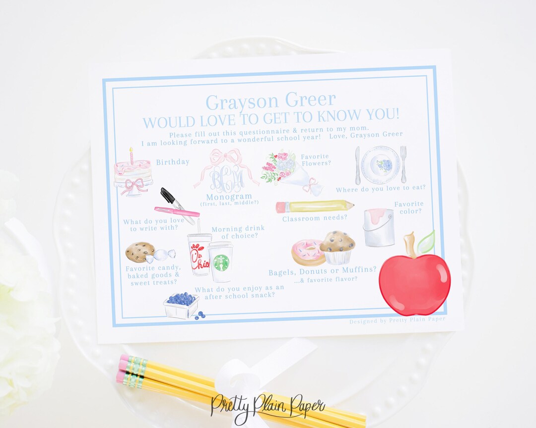 Light Blue Teacher Favorite Things | Watercolor Get to Know Teacher ...