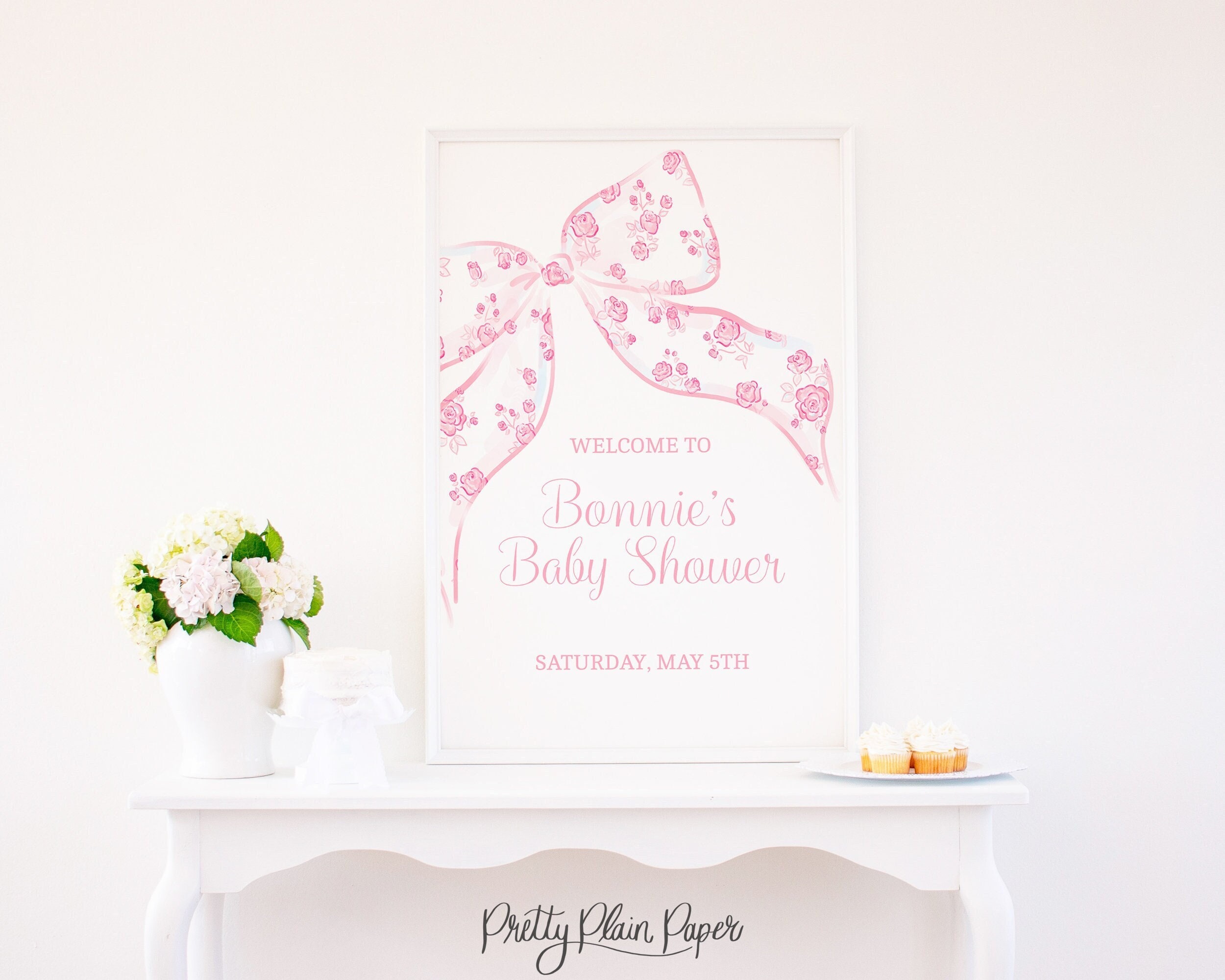 Watercolor Pink Bow Welcome Sign | 24x36 Printable | Floral Bow Baby ...