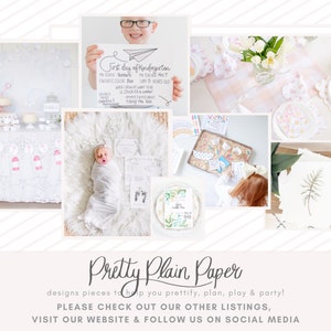 K&ouml;nnte beinhalten: Eine Collage aus Bildern, die druckbare Designs f&uuml;r Partys und Veranstaltungen zeigen. Die Bilder zeigen eine Geburtstagstischdekoration, ein Baby, das in eine Decke gewickelt ist, ein Kind, das ein Schild mit der Aufschrift "Erster Tag im Kindergarten" h&auml;lt, und ein Tablett mit Partyzubeh&ouml;r.