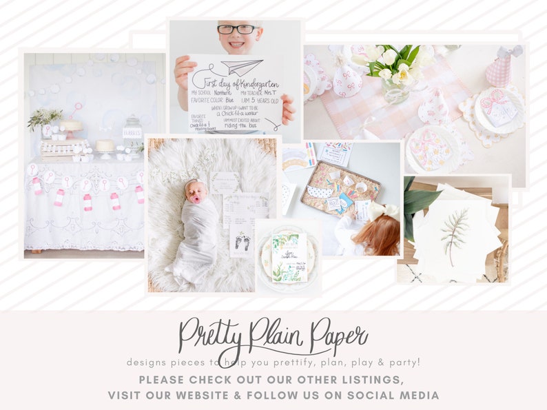 K&ouml;nnte beinhalten: Eine Collage aus Bildern, die druckbare Designs f&uuml;r Partys und Veranstaltungen zeigen. Die Bilder zeigen eine Geburtstagstischdekoration, ein Baby, das in eine Decke gewickelt ist, ein Kind, das ein Schild mit der Aufschrift "Erster Tag im Kindergarten" h&auml;lt, und ein Tablett mit Partyzubeh&ouml;r.