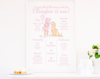 Mijn eerstejaarsbord | 24 x 36 afdrukbaar | ONE Golden Year Puppy-verjaardagsfeestje | Aquarel | Roze muts en golden retriever voor meisjes | 5043