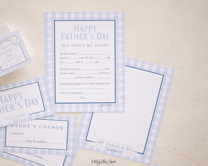 May include: Printable Father's Day cards with blue and white gingham pattern. The cards include a fill-in-the-blank questionnaire about a father, a coupon for hugs and cuddles, and a blank card for a child to write a message to their father.