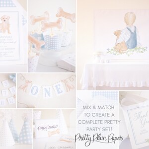 May include: A collage of images for a first birthday party with a puppy theme. The images include a blue and white gingham pattern, a banner that says "ONE", a cupcake with a bone topper, a thank you card with a puppy, and a sign that says "Puppy Treats".