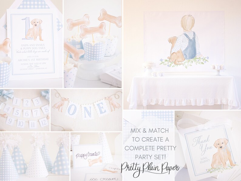 May include: A collage of images for a first birthday party with a puppy theme. The images include a blue and white gingham pattern, a banner that says "ONE", a cupcake with a bone topper, a thank you card with a puppy, and a sign that says "Puppy Treats".