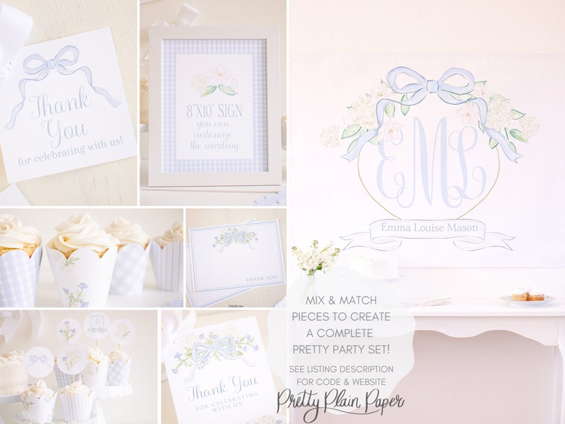 May include: A set of printable party decorations featuring a blue and white color scheme with floral designs and a monogram. The set includes a thank you card, a sign, and a monogram with the name "Emma Louise Mason".