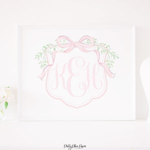 Arte de la cresta del monograma de la acuarela / rosa floral y arco / imprimible / 8x10 o 16x20 / impresión de la cresta rosa de la acuarela / arte de la guardería de la niña 1054