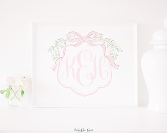 Aquarell Monogramm Wappen Kunstwerk | Rosa Floral & Schleife | Druckbar | 8x10 oder 16x20 | Aquarell rosa Wappen Druck | Mädchen Kinderzimmer Art 1054