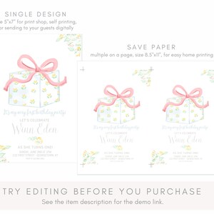 May include: A printable invitation for a first birthday party. The invitation features a watercolour illustration of a gift box with a pink bow and a floral pattern. The text on the invitation reads "It's my very first birthday party! Let's celebrate Winn Eden as she turns one!"