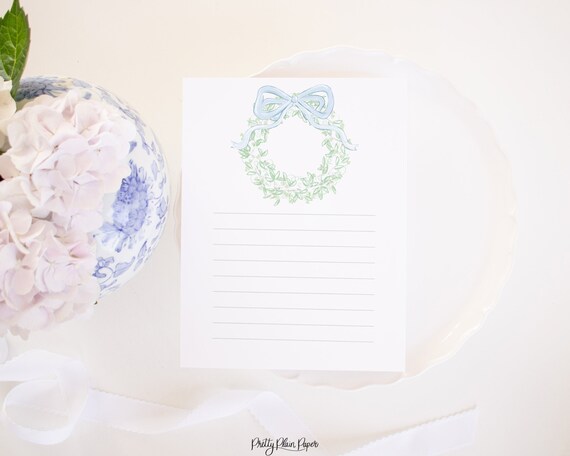 Holiday Stationery for Kids | Wreath with Blue Bow with Lines | Watercolor Printable Stationary for Kids | Letter To Santa Download 2001