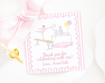 Pink Gymnastics Theme Birthday Party Favor Tag, Watercolor Preppy Grandmillennial Style (3.5x3.5 Digital Download) 5058