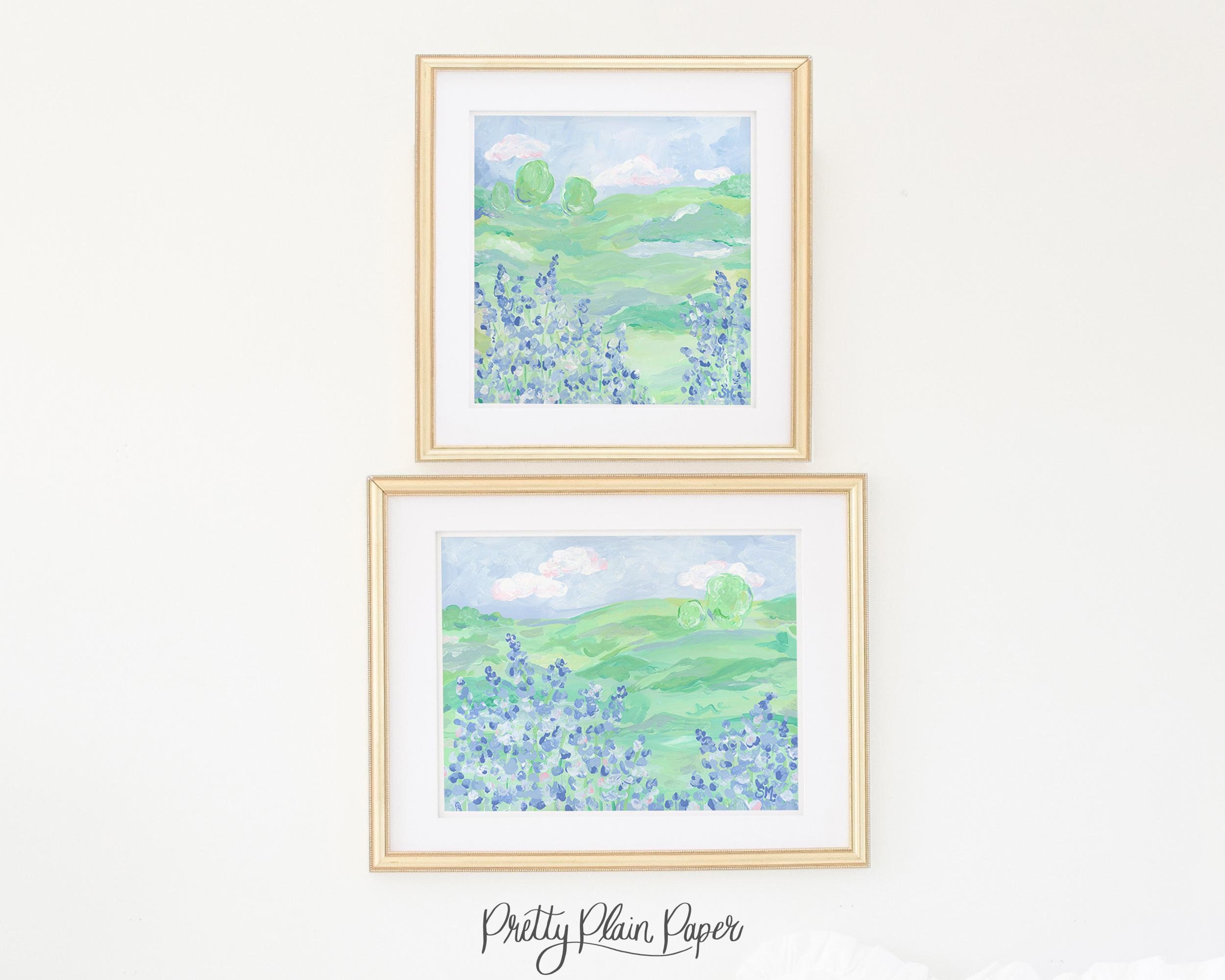 Conjunto de 2 impressões | 11x14 e 12x12 | Paisagem para impressão de obras de arte | Impressão de pintura acrílica original | Floral azul | Verde rosa | 503