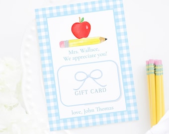 Blue Gingham Teacher Appreciation Gift Card Holder (5x7 Printable Digital Download) Preppy Grandmillennial 1055