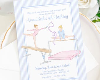 Gymnastics Theme Birthday Invitation with Blue, Watercolor Preppy Grandmillennial Style (5x7 Digital Download) 5058