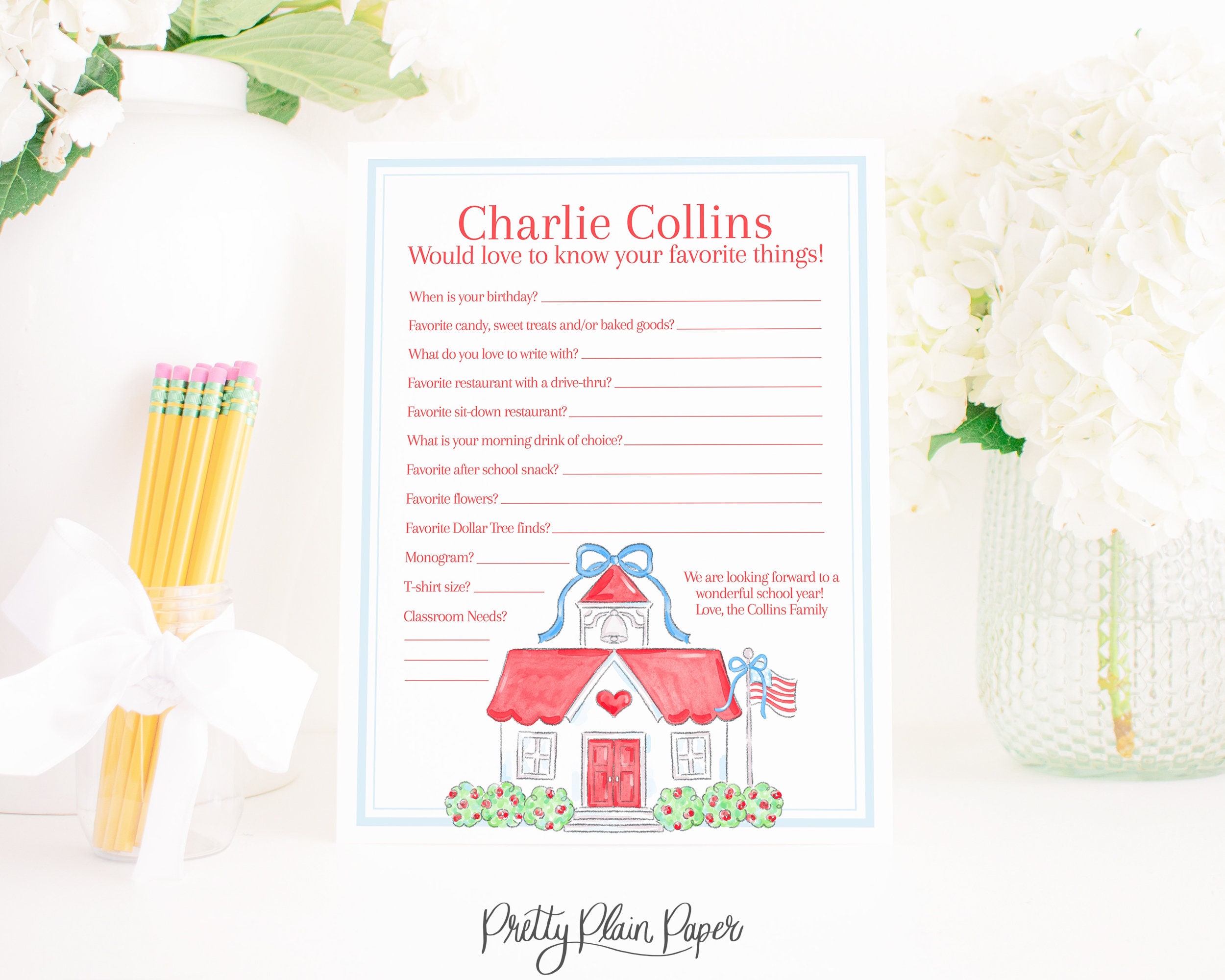 Teacher Favorites Questionnaire  | 8.5x11 | Watercolor First Day of School | Get to Know the Teacher | Printable | Schoolhouse | 1055 10551