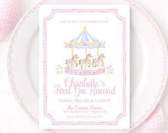 Pastel Pink Carousel Invitation for First Go Round Birthday; Watercolor Preppy Grandmillennial Style (5x7 Digital Download) 5059