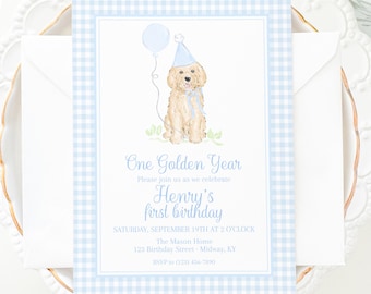 Light Blue Gingham Goldendoodle Puppy Dog Birthday Invitation for a ONE Golden Year Theme (5x7 Printable Digital Download) 3028