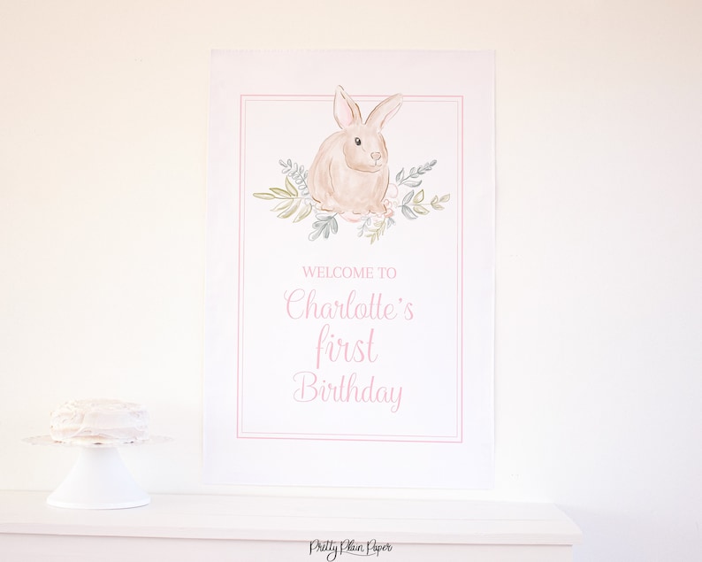 24/'/'x36/'/' 1023 Watercolor Pink Bunny Birthday Welcome Sign Watercolor Some Bunny is ONE Sign Bunny First Birthday for Girl Party Decor