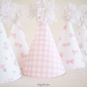 Pink Gingham, Bows, & Floral Party Hats Watercolor Printable Party Hats Download 1012 image 5