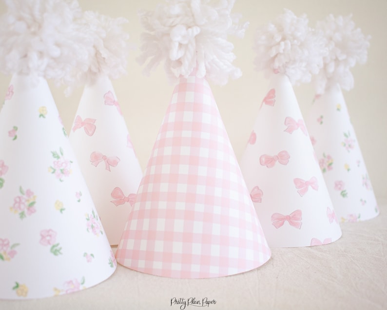 Pink Gingham, Bows, & Floral Party Hats Watercolor Printable Party Hats Download 1012 image 5