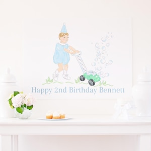 Banner con sfondo per ragazzo castano / 36x48 stampabile e scaricabile digitalmente / Compleanno con tosaerba a bolle blu acquerello / Cappellino per festa di compleanno per bambino / 3017