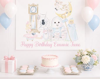 Backdrop WITH WORDING for Nursery Rhyme Birthday (36x48 Printable Digital Download), Grandmillennial Preppy Style 1030