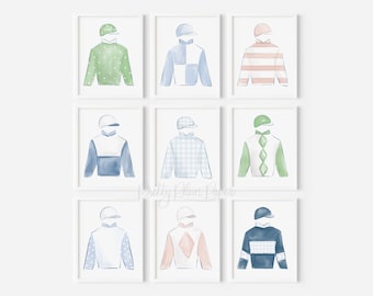 Set of 9 Watercolor Jockey Silk Prints | Watercolor Jockey Silk Print Set Download 8x10 | Jockey Silk Prints | Horse Racing Print Set | 0106