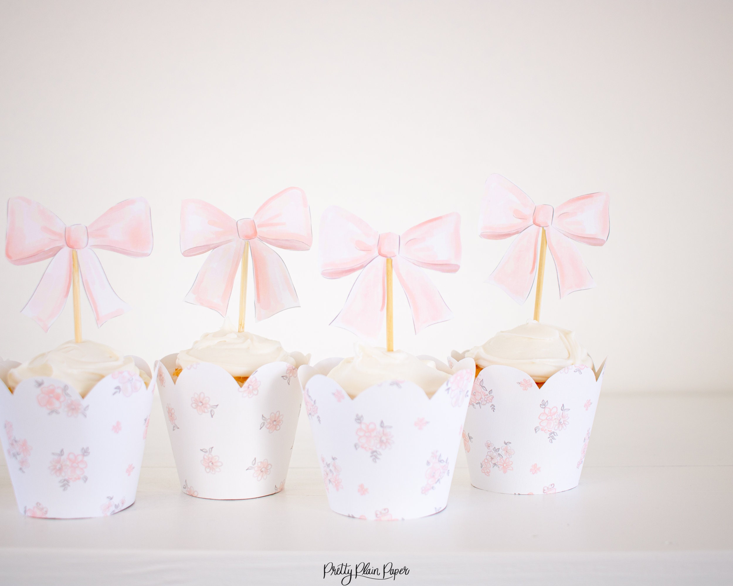 Watercolor Pink Bow Printable Cupcake Toppers Download 1017 | Etsy