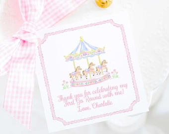 Pastel Carousel Favor Tag for First Go Round Birthday; Watercolor Preppy Grandmillennial Style (3.5x3.5 Digital Download) 5059