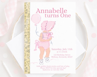 Little Girl Golden Book Invitation with Bonnet for 1st Birthday (5x7 Printable Digital Download) 5029