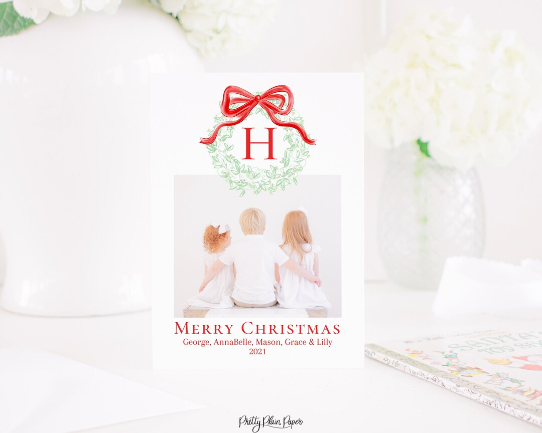 Watercolor Red Bow & Monogram Wreath Christmas Card With Photo, Digital ...