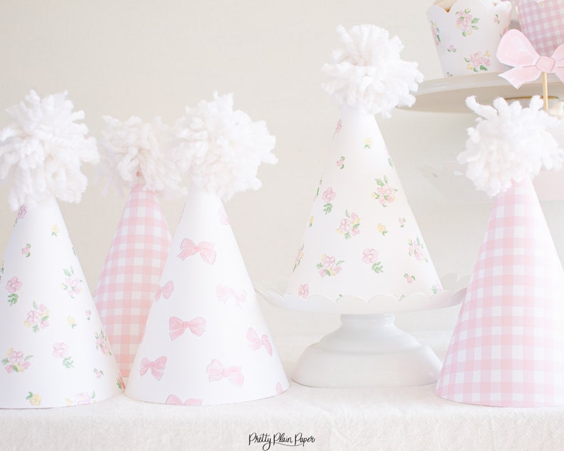 Pink Gingham, Bows, & Floral Party Hats Watercolor Printable Party Hats Download 1012 image 3
