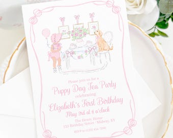 Puppy Dog Tea Party Birthday Invitation (5x7 Printable Digital Download) Grandmillennial Preppy Style 5029 5023