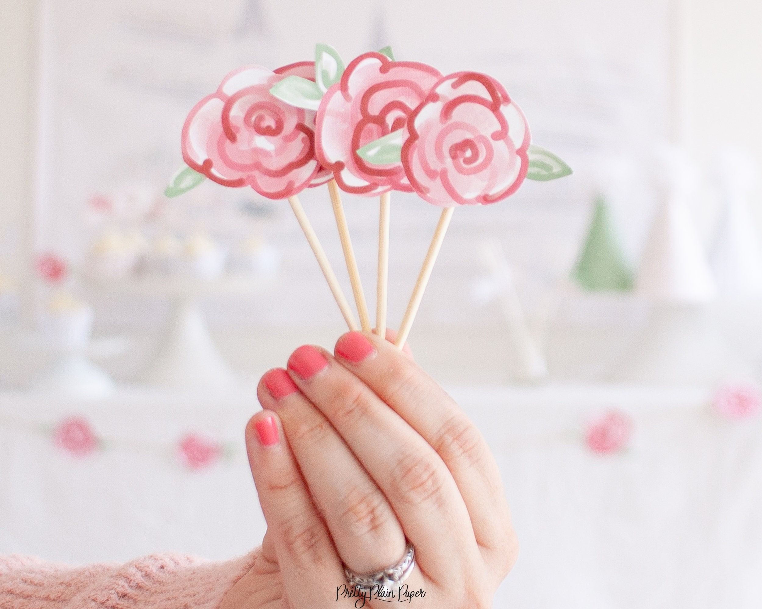 Red Roses Printable Cake Topper Red Rose Watercolor Printable Cupcake Toppers Download 0106 - Etsy