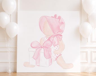 Watercolor Little Girl in Pink Bonnet Welcome Sign | 24''x36'' | Pink Bonnet First Birthday | Bonnets & Bows | 1st Birthday Girl | 5016