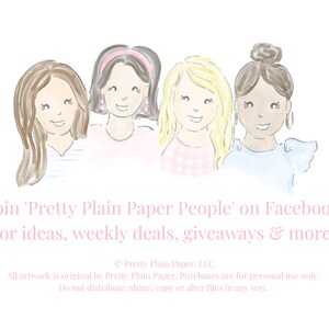 Pu&ograve; includere: Illustrazione di quattro donne con diversi stili di capelli e abbigliamento. Le donne sorridono e sembrano essere amiche. Il testo "Join 'Pretty Plain Paper People' on Facebook for ideas, weekly deals, giveaways & more!" &egrave; nella parte inferiore dell'immagine.