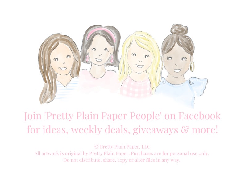 Pu&ograve; includere: Illustrazione di quattro donne con diversi stili di capelli e abbigliamento. Le donne sorridono e sembrano essere amiche. Il testo "Join 'Pretty Plain Paper People' on Facebook for ideas, weekly deals, giveaways & more!" &egrave; nella parte inferiore dell'immagine.
