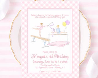 Gymnastics Theme Birthday Invitation with Pink Gingham, Watercolor Preppy Grandmillennial Style (5x7 Digital Download) 5058