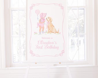 Welkomstbord | 24 x 36 afdrukbaar | ONE Golden Year Puppy-verjaardagsfeestje | Aquarel | Klein meisje | Roze motorkap en golden retriever | 5043